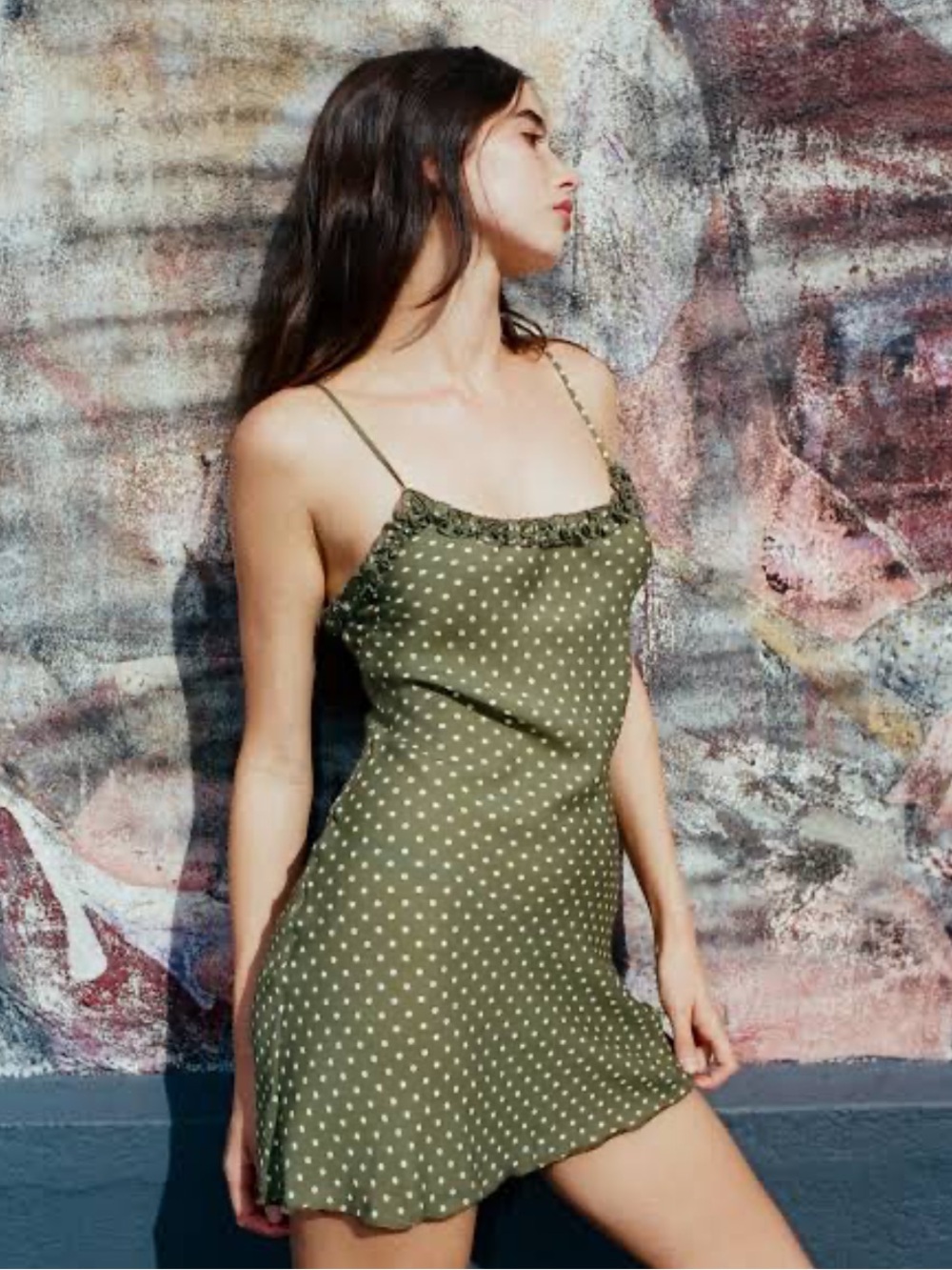 Realisation Par Eliza Dress Khaki Spot Olive Green Polka Dot Slip Dress - Picture 6 of 9